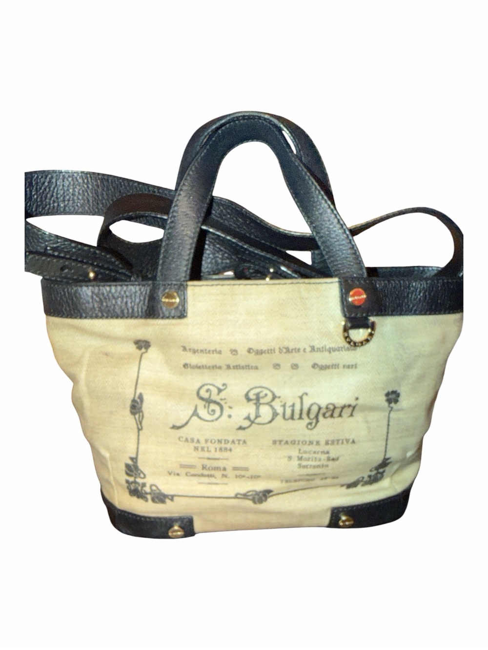 Rare Vintage Authentic BVLGARI "Arte e Antiquaria" Canvas & Black Leather Tote - Picture 11 of 11